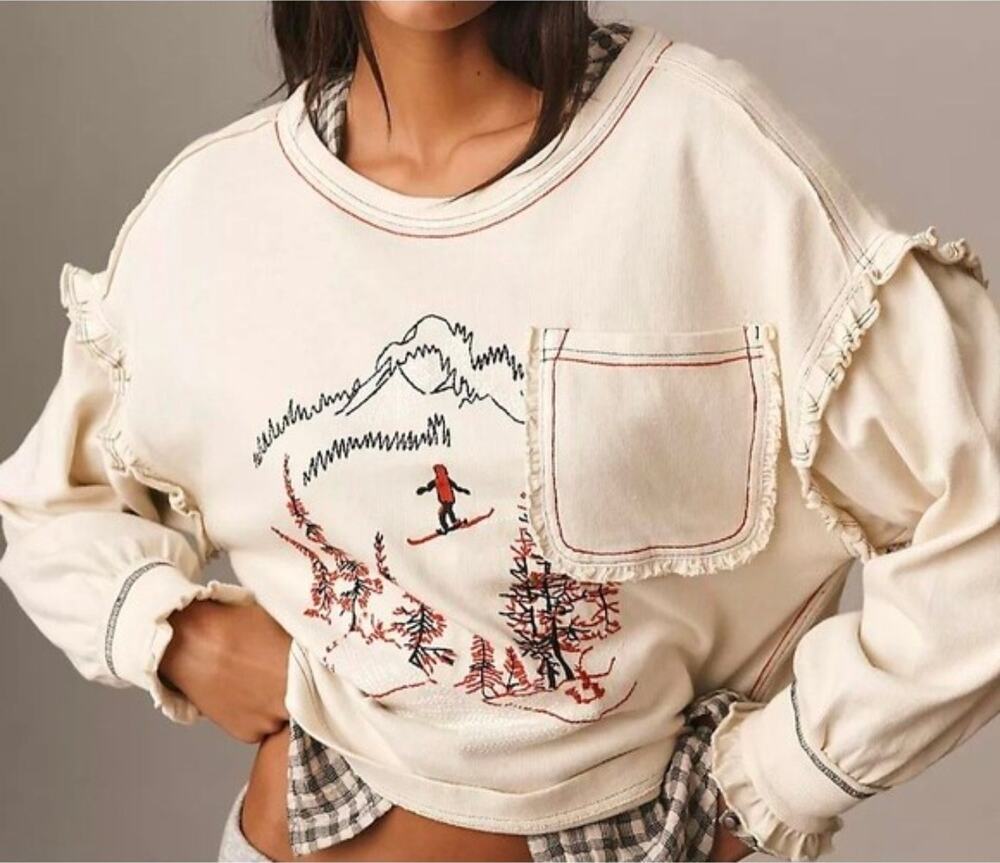 Pilcro x Anthropologie Après Long-Sleeve Ruffled Cotton Sweatshirt. Size M